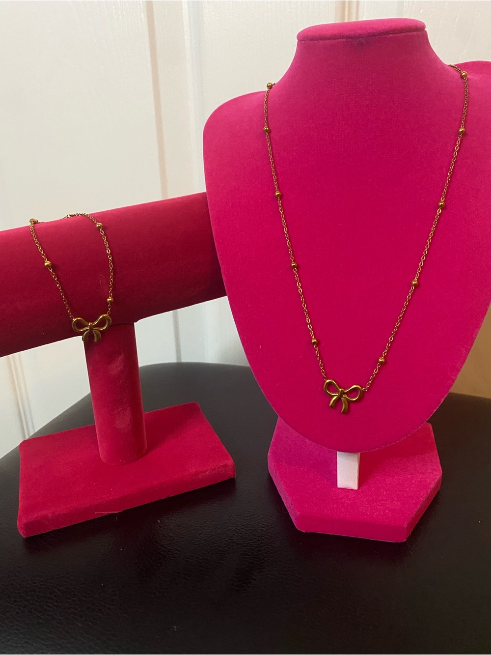 Stainless Steel Gold Bow Pendant Necklace and Bracelet Set - Women Jewelry